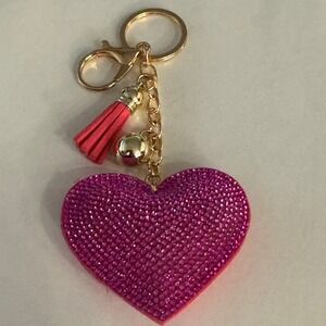 Pink Rhinestone Heart‎ Keychain Purse Charm Bling Key Ring Faux Leather Tassel